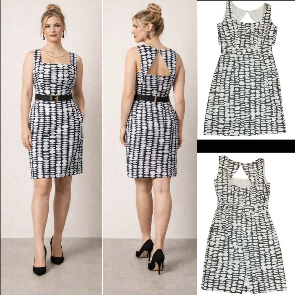 Antonio Melani Navy and White Sleeveless Polka Dot Sheath Lined‎ Dress Size 6